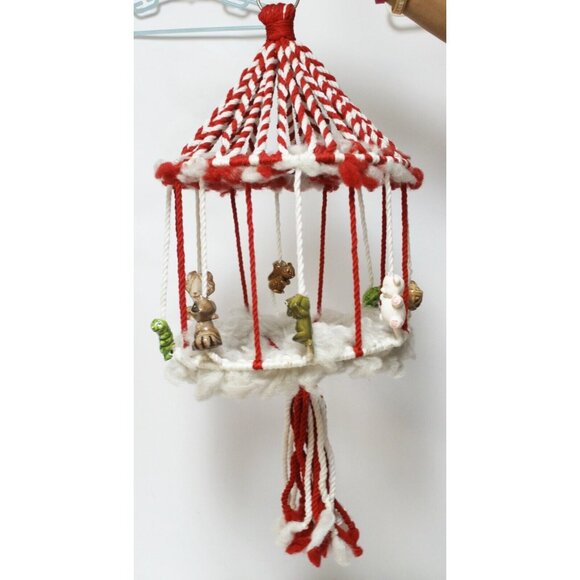 Vtg 60 Macrame Plant Holder Red/white Circus Ceramic Animal Beads Merry Go Round - Picture 3 of 8